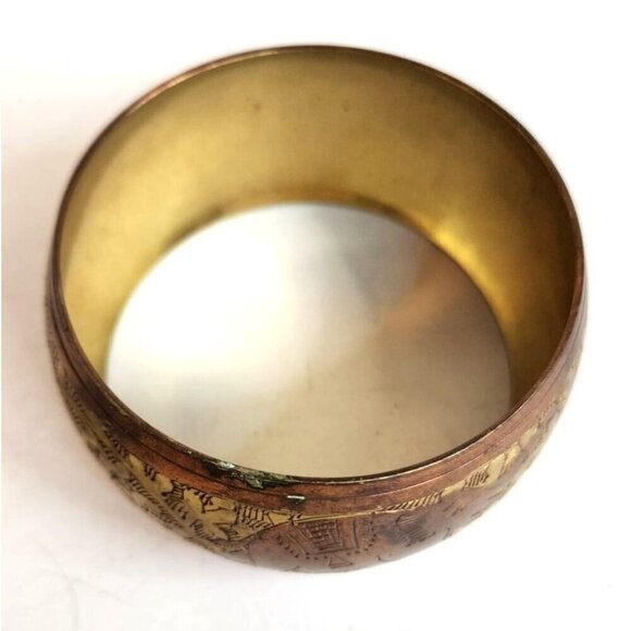 Handcrafted Vintage Brass & Copper Bangle Elephant & Flower Bangle Bracelet Wid - Picture 3 of 9